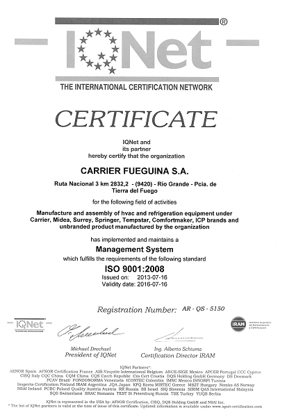 La planta de Carrier Fueguina en Argentina obtiene la certificación ISO 9001:2008